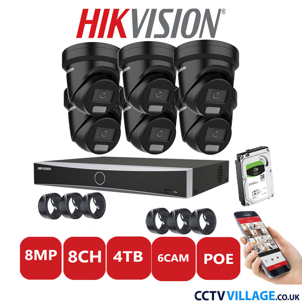 Hikvision 8MP IP CCTV System 8 Channel NVR-DS7608NXI-K2/8P with 6x Turret Cameras DS-2CD2387G2H-LIU Black 4TB HDD Full Kit