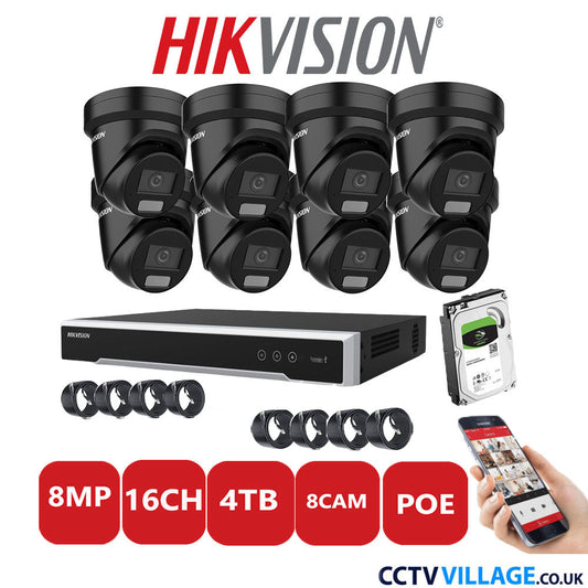 Hikvision 8MP IP CCTV System 16 Channel NVR-DS7616NI-I2/16P with 8x Turret DS-2CD2387G2H-LIU Black 4TB HDD Full Kit