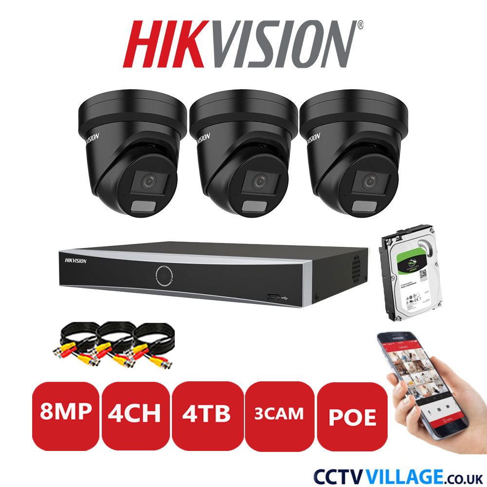 Hikvision 8MP IP CCTV Kit 4 Channel NVR-DS7604NXI-K1/4P with 3x Turret Cameras DS-2CD2387G2H-LIU Black 4TB HDD Full Kit