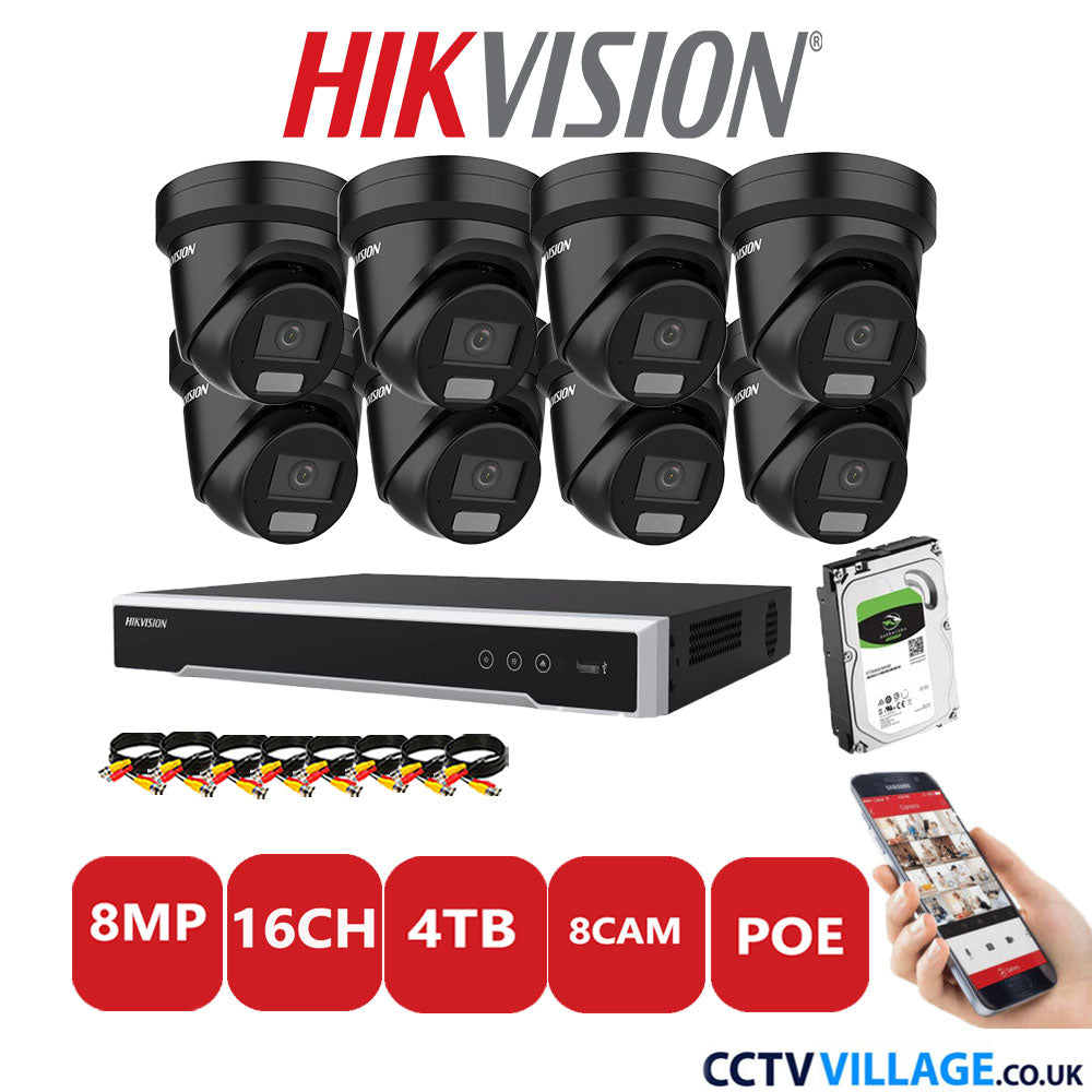 Hikvision 8MP IP CCTV System 16 Channel NVR-DS7616NI-I2/16P with 8x Turret DS-2CD2387G2H-LIU Black 4TB HDD Full Kit