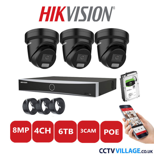 Hikvision 8MP IP CCTV System 4 Channel NVR-DS7604NXI-K1/4P with 3x Turret Cameras DS-2CD2387G2H-LIU Black 6TB HDD Full Kit