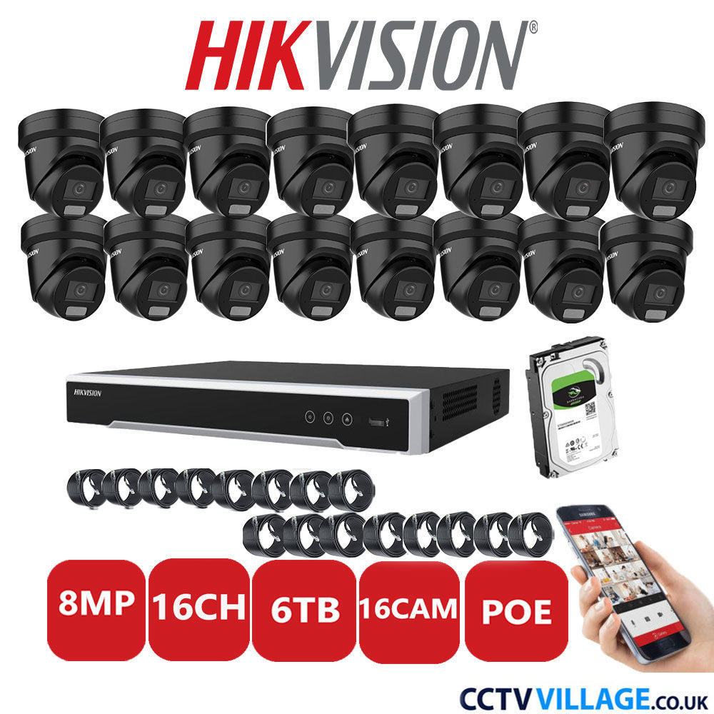 Hikvision 8MP IP CCTV System 16 Channel NVR-DS7616NI-I2/16P with 16x Turret DS-2CD2387G2H-LIU Black 6TB HDD Full Kit