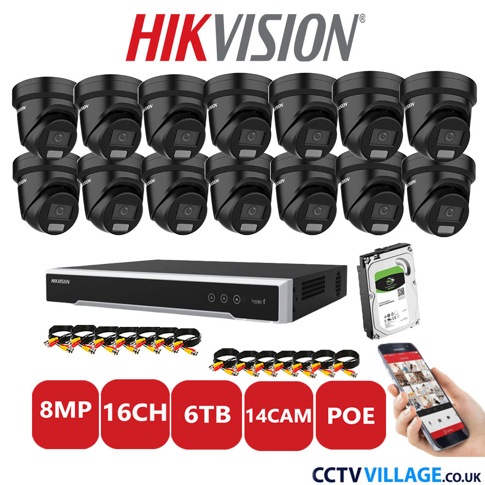 Hikvision 8MP IP CCTV System 16 Channel NVR-DS7616NI-I2/16P with 14x Turret DS-2CD2387G2H-LIU Black 6TB HDD Full Kit