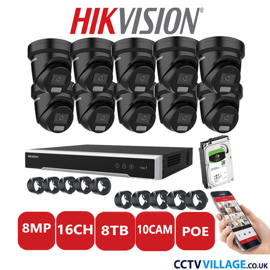 Hikvision 8MP IP CCTV System 16 Channel NVR-DS7616NI-I2/16P with 10x Turret DS-2CD2387G2H-LIU Black 8TB HDD Full Kit