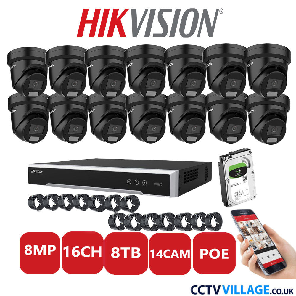 Hikvision 8MP IP CCTV System 16 Channel NVR-DS7616NI-I2/16P with 14x Turret DS-2CD2387G2H-LIU Black 8TB HDD Full Kit