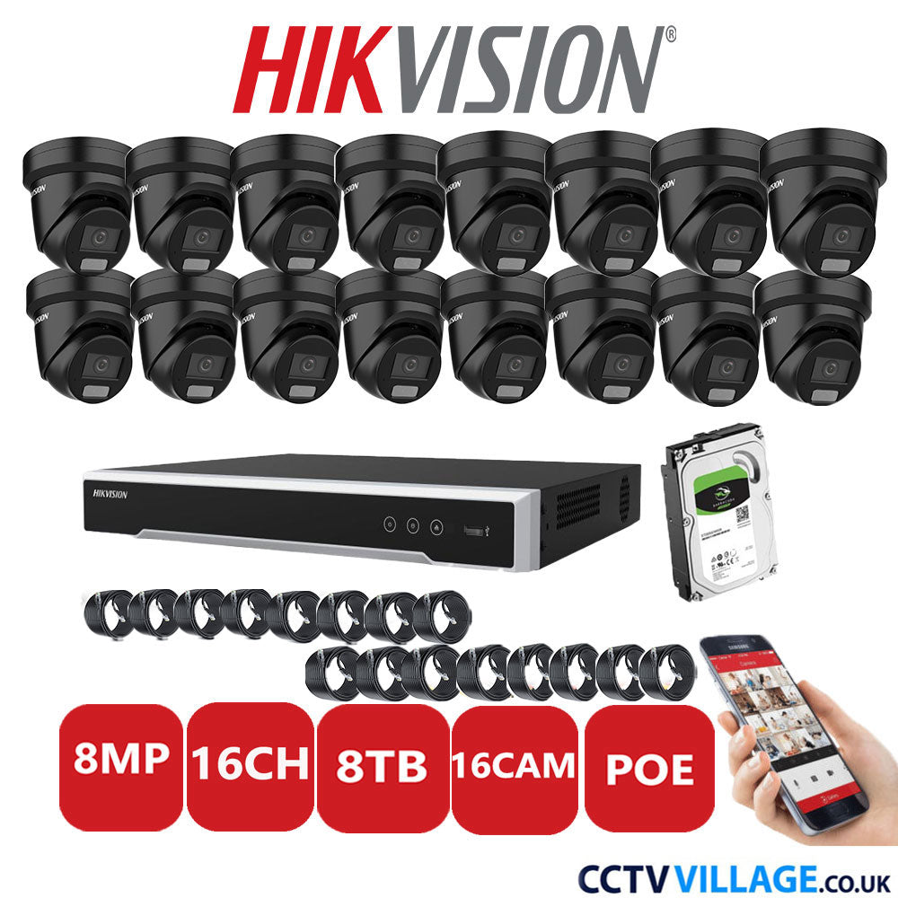 Hikvision 8MP IP CCTV System 16 Channel NVR-DS7616NI-I2/16P with 16x Turret DS-2CD2387G2H-LIU Black 8TB HDD Full Kit