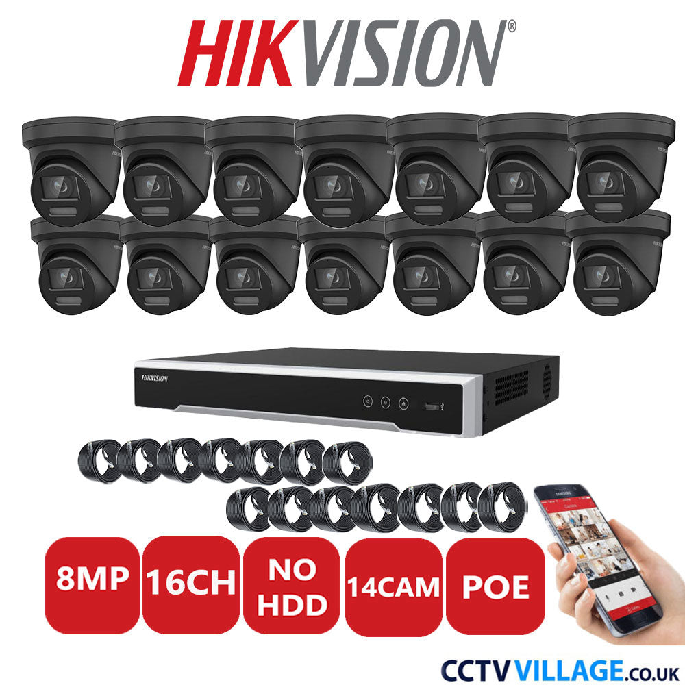 Hikvision 8MP IP CCTV System 16 Channel NVR-DS7616NI-I2/16P with 14x Turret DS-2CD2387G2-LSU/SL Black No HDD Full Kit