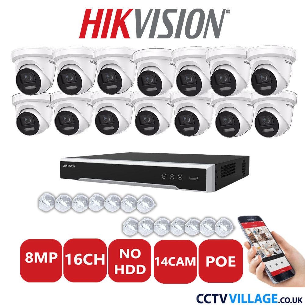 Hikvision 8MP IP CCTV System 16 Channel NVR-DS7616NI-I2/16P with 14x Turret DS-2CD2387G2-LSU/SL White No HDD Full Kit