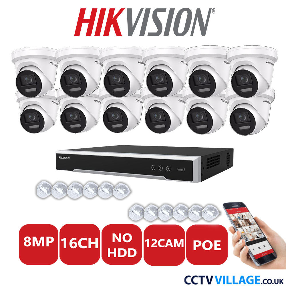 Hikvision 8MP IP CCTV System 16 Channel NVR-DS7616NI-I2/16P with 12x Turret DS-2CD2387G2-LSU/SL White No HDD Full Kit