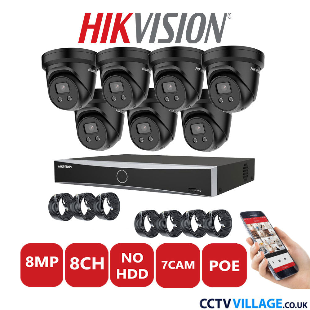 Hikvision 8MP IP CCTV System 8 Channel NVR-DS7608NXI-K2/8P with 7x Turret Cameras DS-2CD2386G2H-ISU/SL Black No HDD Full Kit