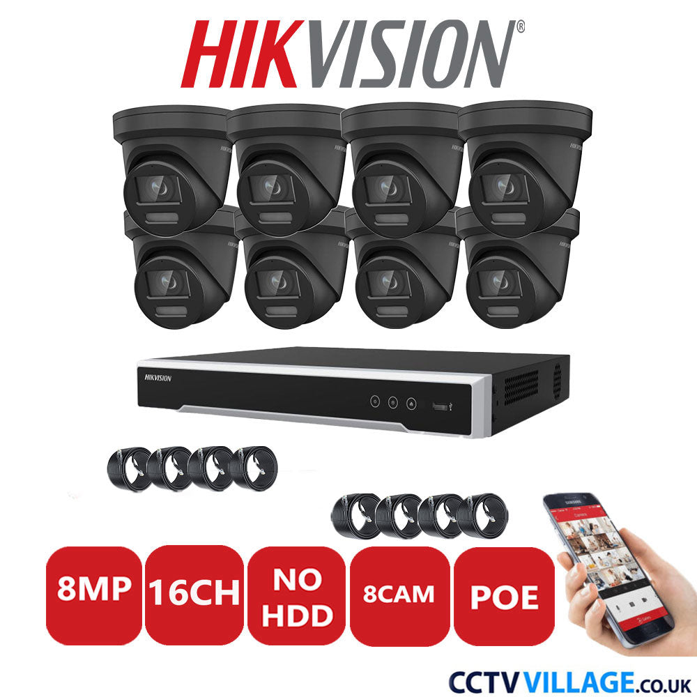 Hikvision 8MP IP CCTV System 16 Channel NVR-DS7616NI-I2/16P with 8x Turret DS-2CD2387G2-LSU/SL Black No HDD Full Kit