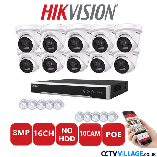 Hikvision 8MP IP CCTV System 16 Channel NVR-DS7616NI-I2/16P with 10x Turret DS-2CD2387G2-LSU/SL White No HDD Full Kit