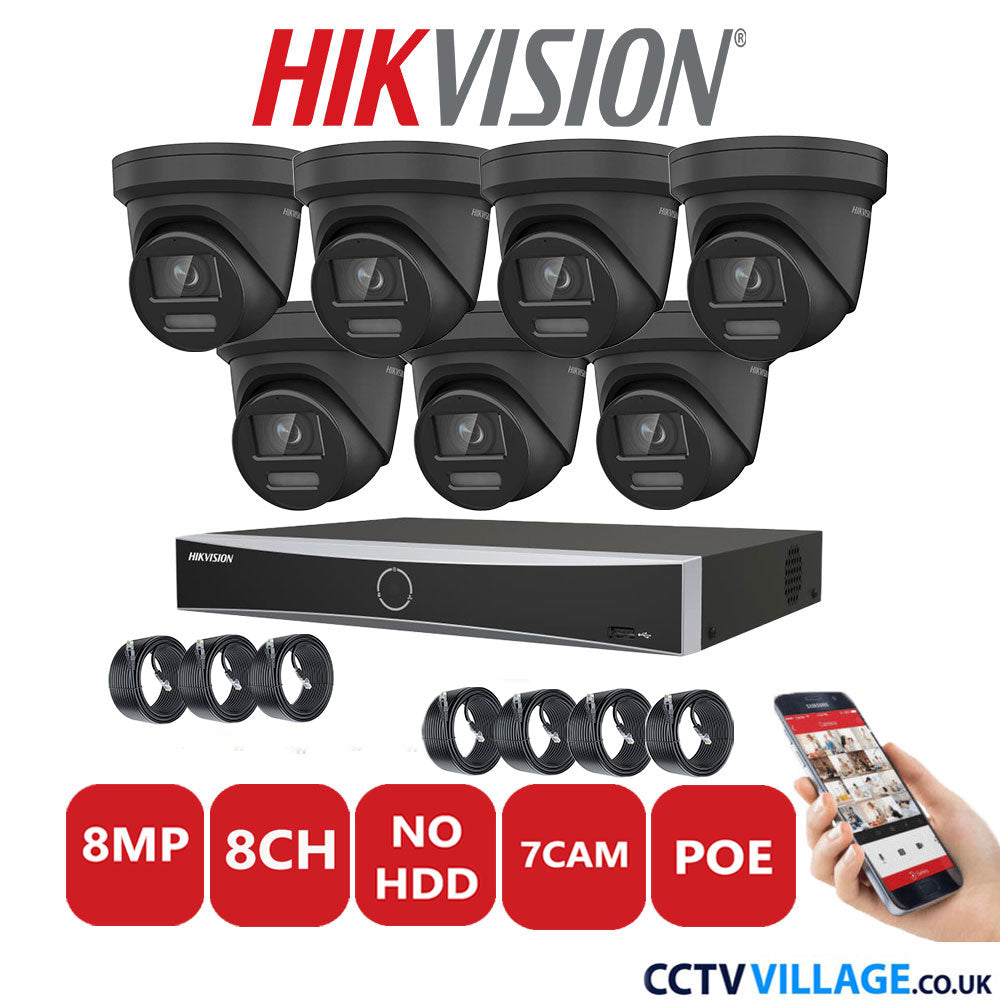 Hikvision 8MP IP CCTV System 8 Channel NVR-DS7608NXI-K2/8P with 7x Turret Cameras DS-2CD2387G2-LSU/SL Black No HDD Full Kit