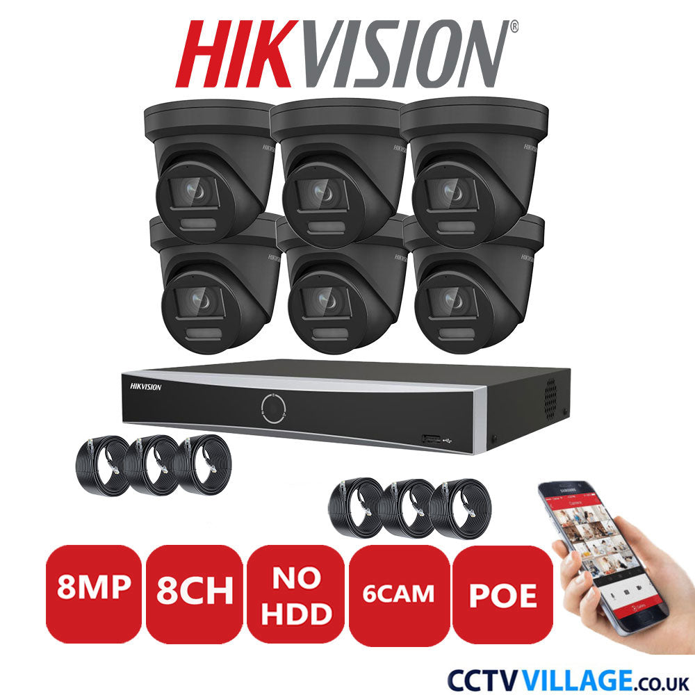 Hikvision 8MP IP CCTV System 8 Channel NVR-DS7608NXI-K2/8P with 6x Turret Cameras DS-2CD2387G2-LSU/SL Black No HDD Full Kit