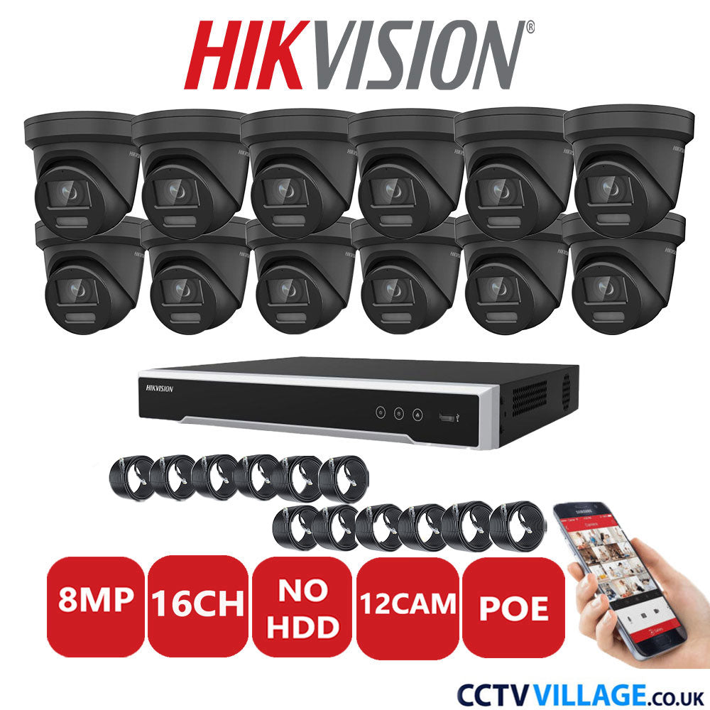 Hikvision 8MP IP CCTV System 16 Channel NVR-DS7616NI-I2/16P with 12x Turret DS-2CD2387G2-LSU/SL Black No HDD Full Kit