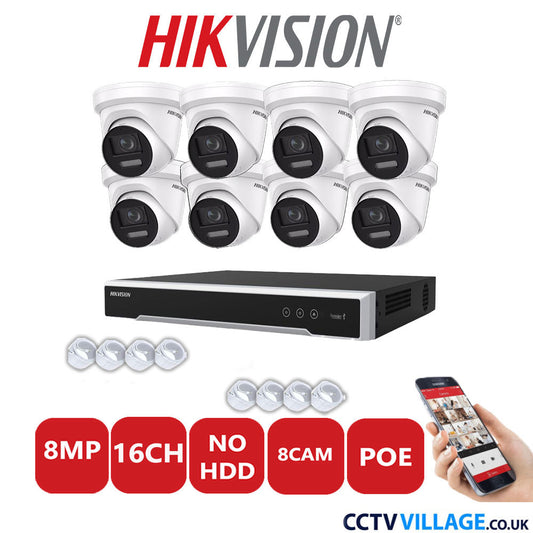 Hikvision 8MP IP CCTV System 16 Channel NVR-DS7616NI-I2/16P with 8x Turret DS-2CD2387G2-LSU/SL White No HDD Full Kit