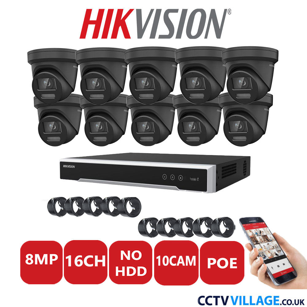 Hikvision 8MP IP CCTV System 16 Channel NVR-DS7616NI-I2/16P with 10x Turret DS-2CD2387G2-LSU/SL Black No HDD Full Kit