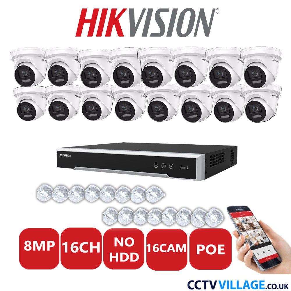 Hikvision 8MP IP CCTV System 16 Channel NVR-DS7616NI-I2/16P with 16x Turret DS-2CD2387G2-LSU/SL White No HDD Full Kit