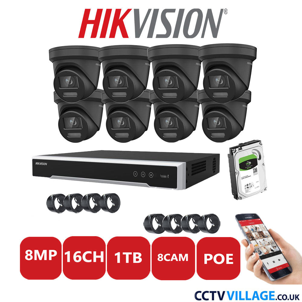 Hikvision 8MP IP CCTV System 16 Channel NVR-DS7616NI-I2/16P with 8x Turret DS-2CD2387G2-LSU/SL Black 1TB HDD Full Kit