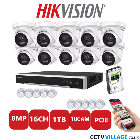 Hikvision 8MP IP CCTV System 16 Channel NVR-DS7616NI-I2/16P with 10x Turret DS-2CD2387G2-LSU/SL White 1TB HDD Full Kit