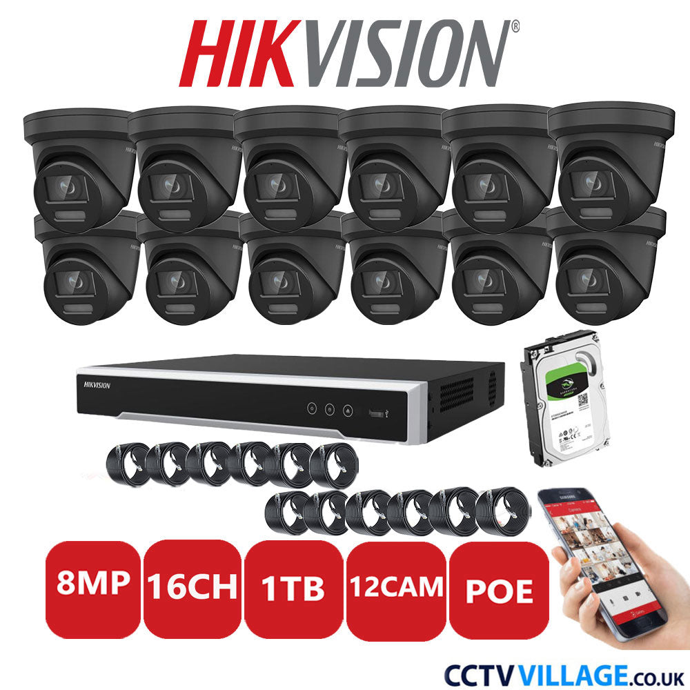 Hikvision 8MP IP CCTV System 16 Channel NVR-DS7616NI-I2/16P with 12x Turret DS-2CD2387G2-LSU/SL Black 1TB HDD Full Kit