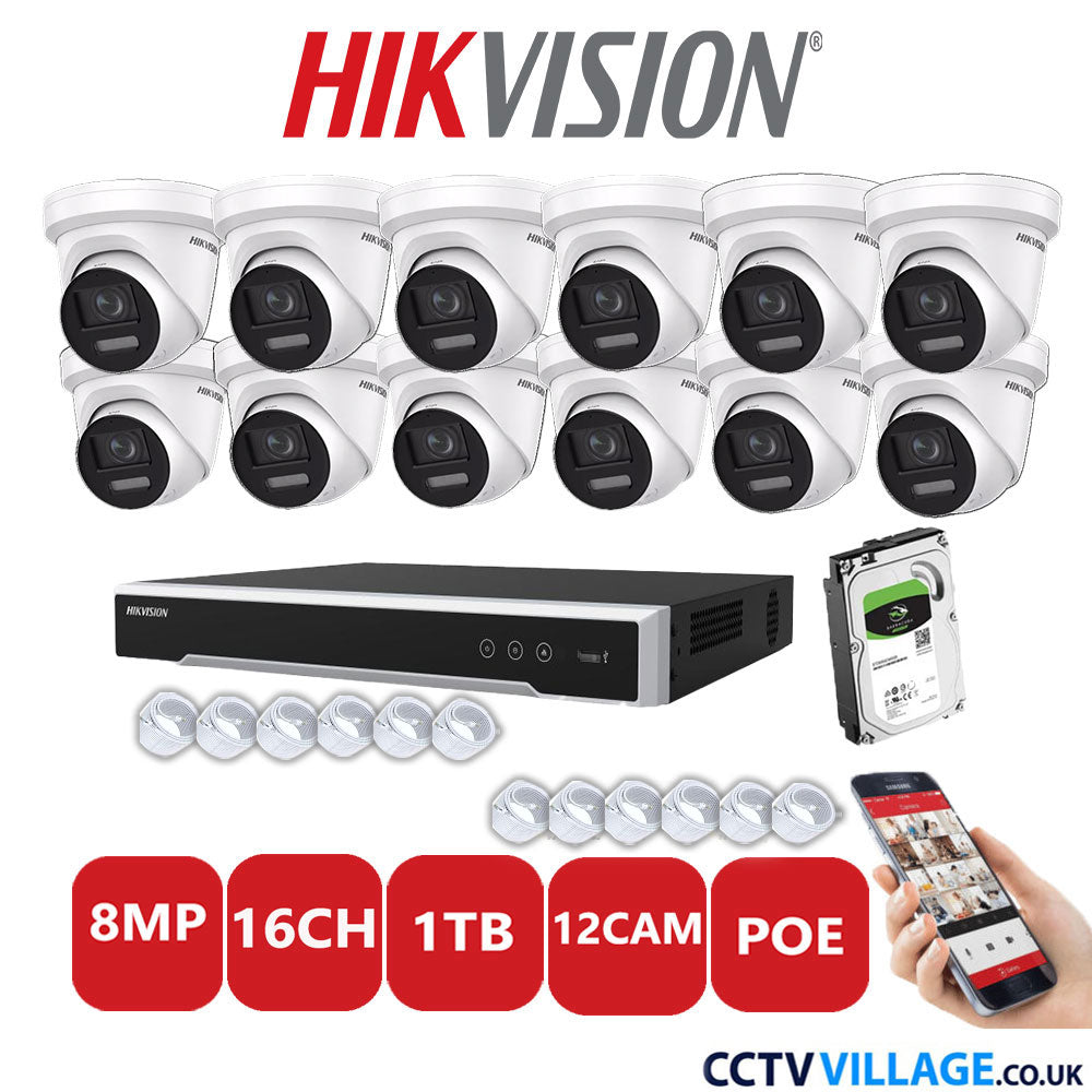 Hikvision 8MP IP CCTV System 16 Channel NVR-DS7616NI-I2/16P with 12x Turret DS-2CD2387G2-LSU/SL White 1TB HDD Full Kit