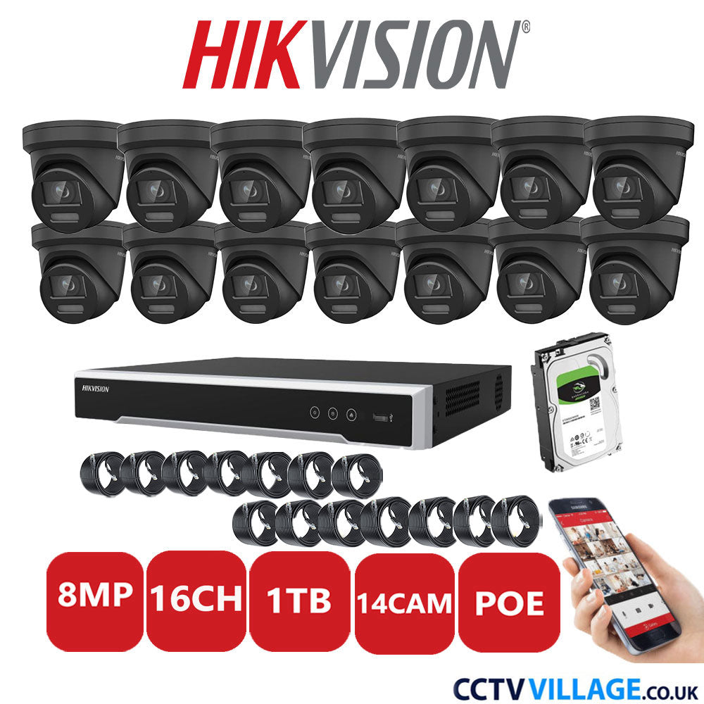 Hikvision 8MP IP CCTV System 16 Channel NVR-DS7616NI-I2/16P with 14x Turret DS-2CD2387G2-LSU/SL Black 1TB HDD Full Kit