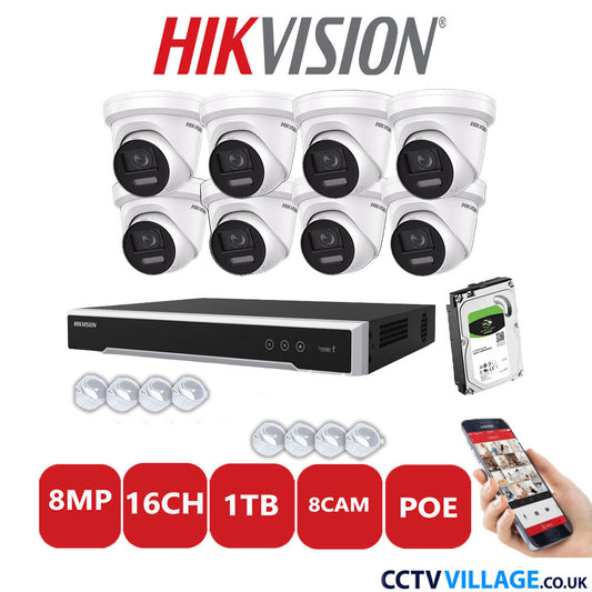 Hikvision 8MP IP CCTV System 16 Channel NVR-DS7616NI-I2/16P with 8x Turret DS-2CD2387G2-LSU/SL White 1TB HDD Full Kit