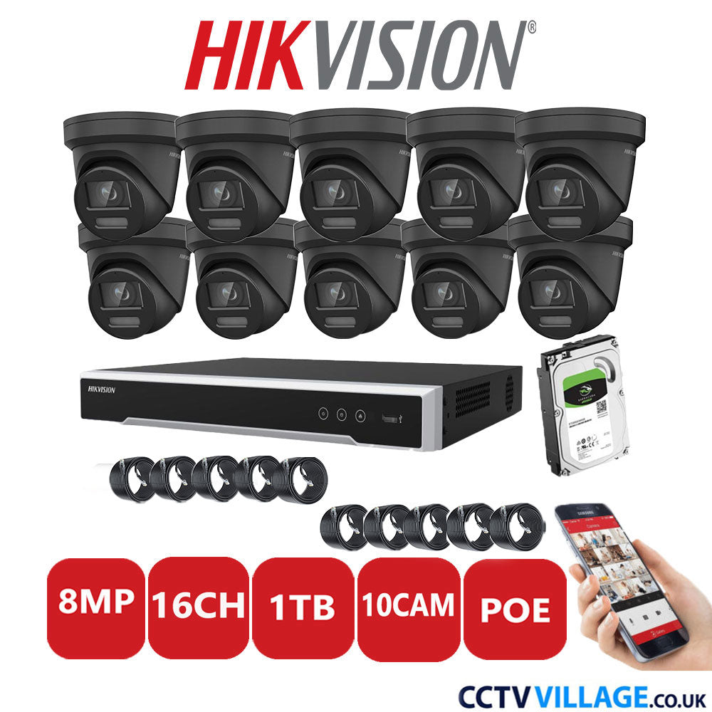 Hikvision 8MP IP CCTV System 16 Channel NVR-DS7616NI-I2/16P with 10x Turret DS-2CD2387G2-LSU/SL Black 1TB HDD Full Kit