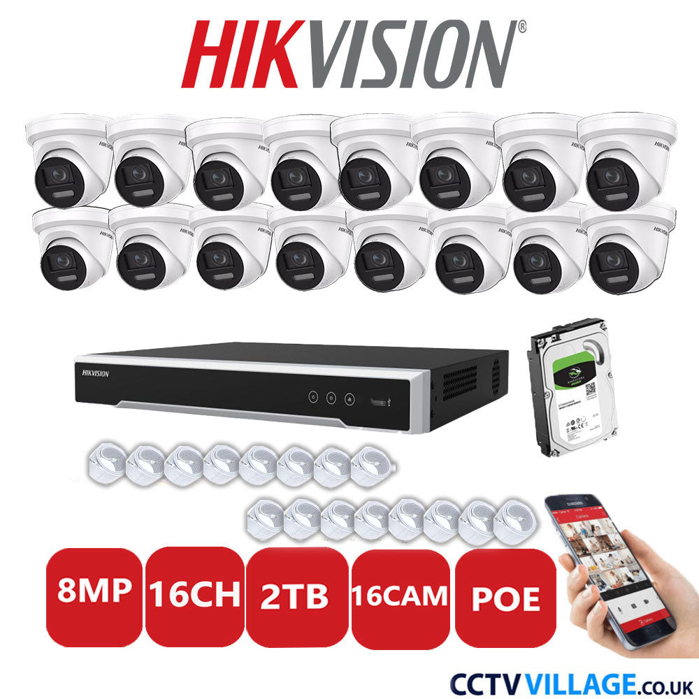 Hikvision 8MP IP CCTV System 16 Channel NVR-DS7616NI-I2/16P with 16x Turret DS-2CD2387G2-LSU/SL White 2TB HDD Full Kit