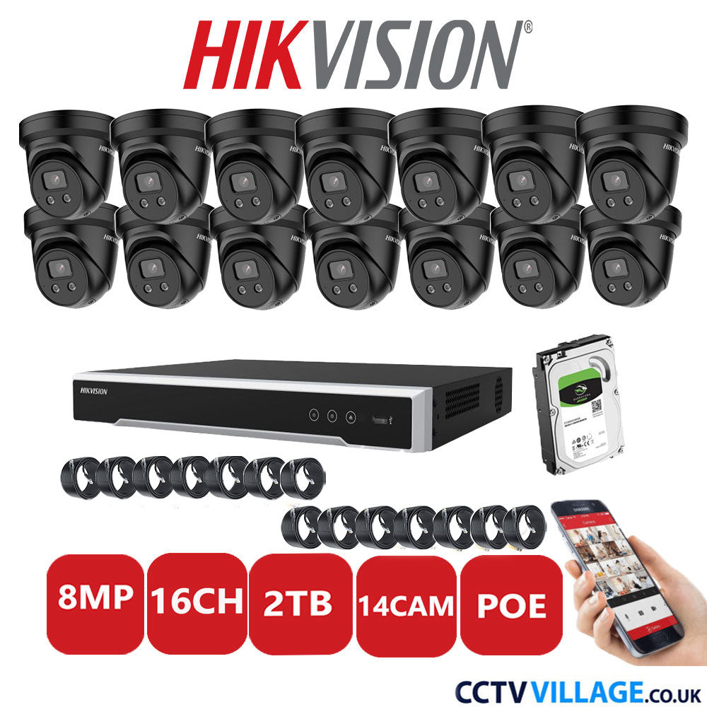 Hikvision 8MP IP CCTV System 16 Channel NVR-DS7616NI-I2/16P with 14x Turret Cameras DS-2CD2386G2-ISU/SL Black 2TB HDD Full Kit