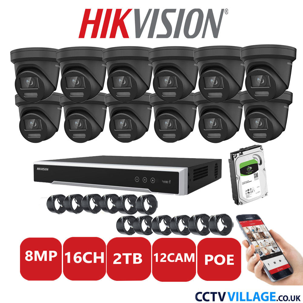 Hikvision 8MP IP CCTV System 16 Channel NVR-DS7616NI-I2/16P with 12x Turret DS-2CD2387G2-LSU/SL Black 2TB HDD Full Kit