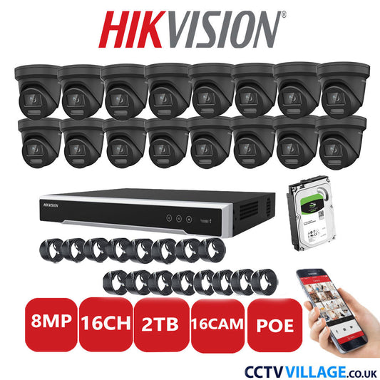 Hikvision 8MP IP CCTV System 16 Channel NVR-DS7616NI-I2/16P with 16x Turret DS-2CD2387G2-LSU/SL Black 2TB HDD Full Kit