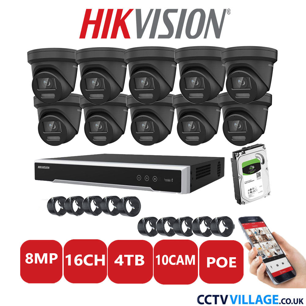 Hikvision 8MP IP CCTV System 16 Channel NVR-DS7616NI-I2/16P with 10x Turret DS-2CD2387G2-LSU/SL Black 4TB HDD Full Kit