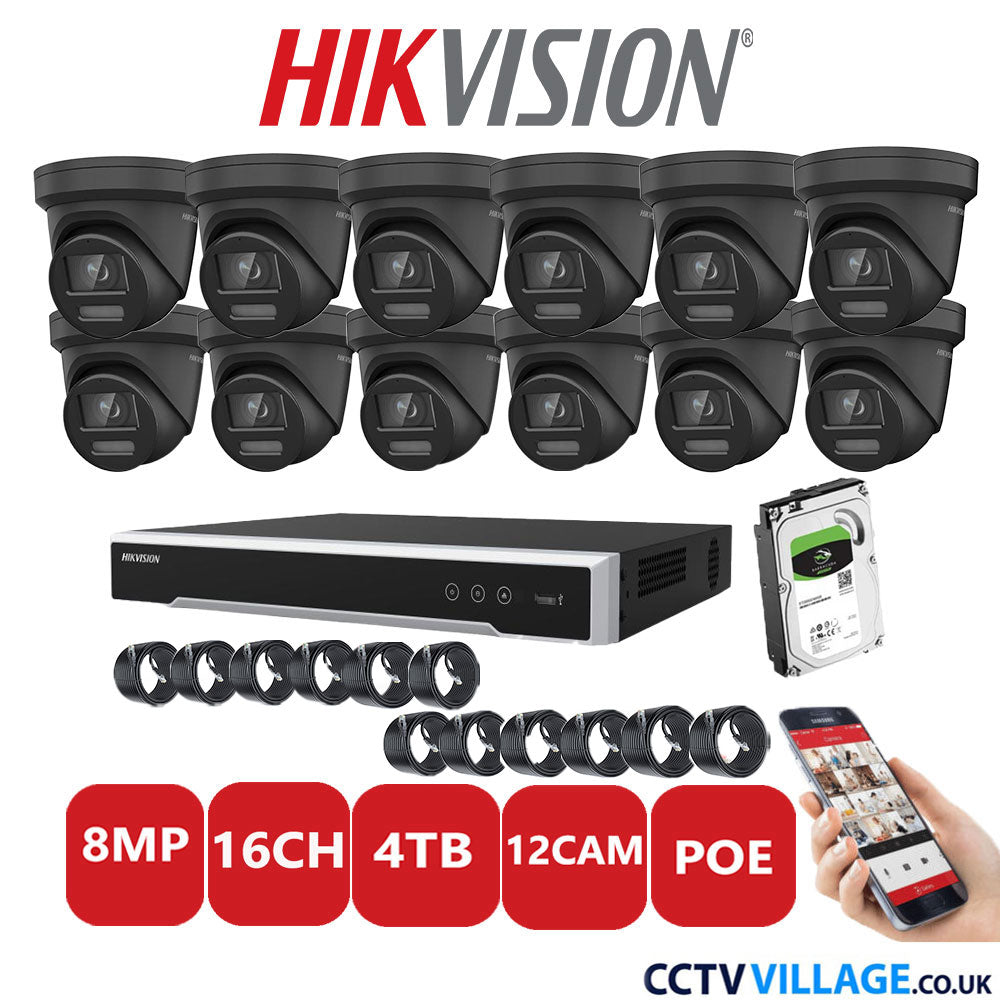 Hikvision 8MP IP CCTV System 16 Channel NVR-DS7616NI-I2/16P with 12x Turret DS-2CD2387G2-LSU/SL Black 4TB HDD Full Kit