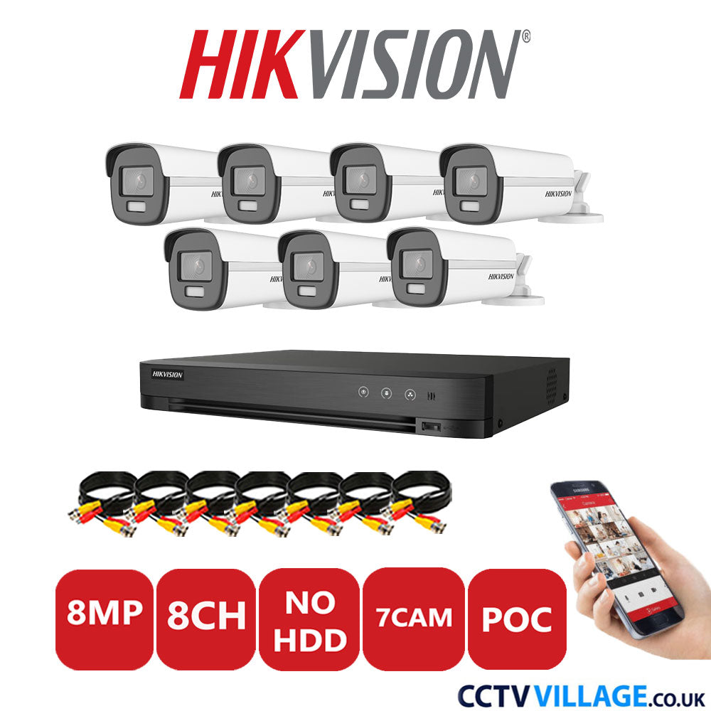 Hikvision 8MP CCTV Kit 8 Channel DVR-iDS-7208HUHI-M1/S with 7x Bullet Cameras DS-2CE12UF3T-E White No HDD Full Kit