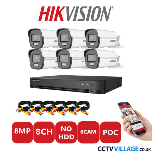 Hikvision 8MP CCTV Kit 8 Channel DVR-iDS-7208HUHI-M1/S with 6x Bullet Cameras DS-2CE12UF3T-E White No HDD Full Kit