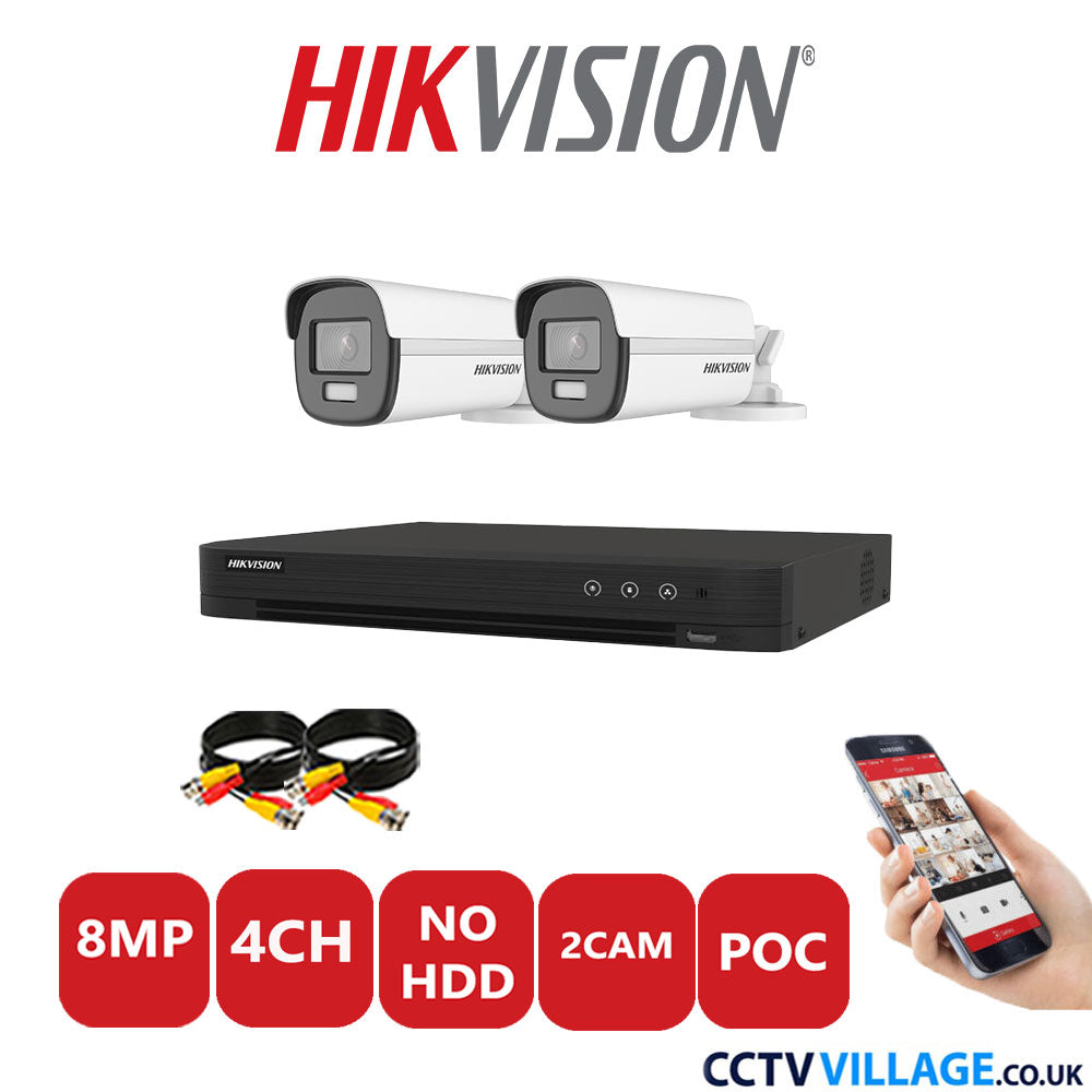 Hikvision 8MP CCTV Kit 4 Channel DVR-iDS-7204HUHI-M1/S with 2x Bullet Cameras DS-2CE12UF3T-E White No HDD Full Kit