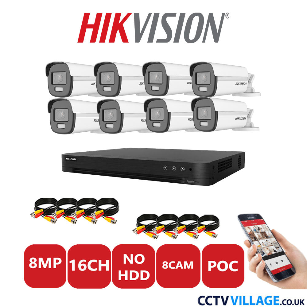 Hikvision 8MP CCTV Kit 16 Channel DVR-iDS-7216HUHI-M2/S with 8x Bullet Cameras DS-2CE12UF3T-E White No HDD Full Kit