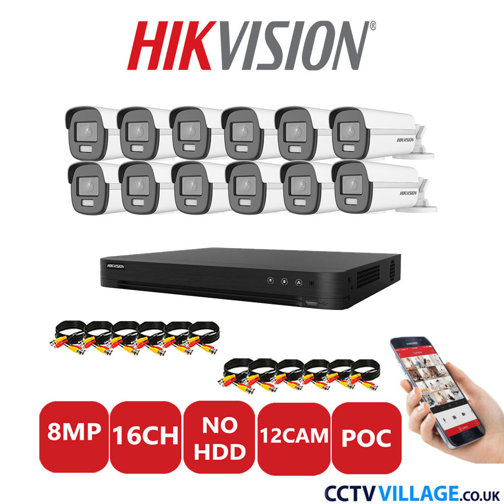 Hikvision 8MP CCTV Kit 16 Channel DVR-iDS-7216HUHI-M2/S with 12x Bullet Cameras DS-2CE12UF3T-E White NO HDD Full Kit