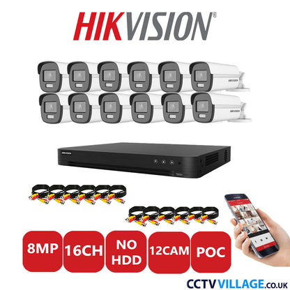 Hikvision 8MP CCTV System 16 Channel DVR-iDS-7216HUHI-M2/S with 12x Bullet Cameras DS-2CE12UF3T-E White NO HDD Full Kit