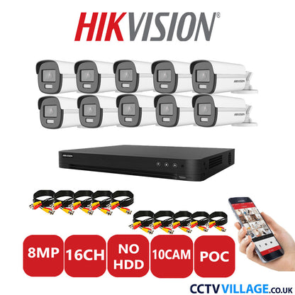 Hikvision 8MP CCTV System 16 Channel DVR-iDS-7216HUHI-M2/S with 10x Bullet Cameras DS-2CE12UF3T-E White NO HDD Full Kit