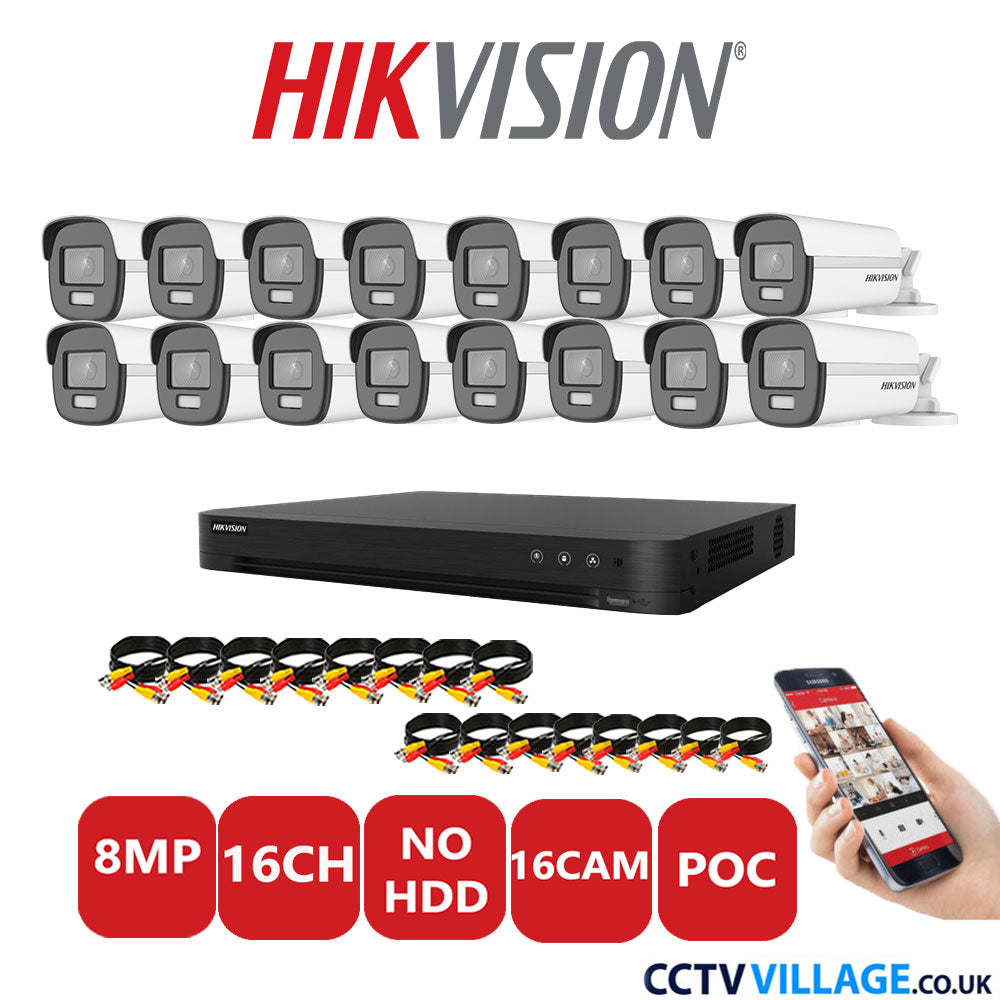 Hikvision 8MP CCTV System 16 Channel DVR-iDS-7216HUHI-M2/S with 16x Bullet Cameras DS-2CE12UF3T-E White NO HDD Full Kit