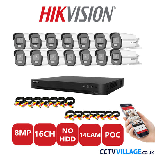 Hikvision 8MP CCTV Kit 16 Channel DVR-iDS-7216HUHI-M2/S with 14x Bullet Cameras DS-2CE12UF3T-E White NO HDD Full Kit