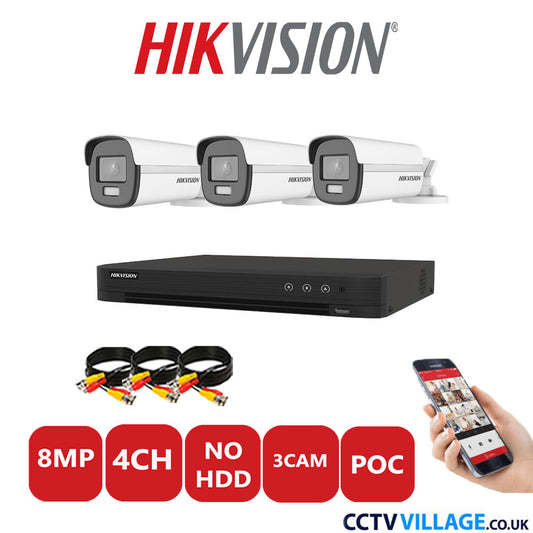 Hikvision 8MP CCTV Kit 4 Channel DVR-iDS-7204HUHI-M1/S with 3x Bullet Cameras DS-2CE12UF3T-E White No HDD Full Kit