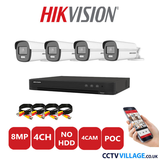 Hikvision 8MP CCTV Kit 4 Channel DVR-iDS-7204HUHI-M1/S with 4x Bullet Cameras DS-2CE12UF3T-E White No HDD Full Kit