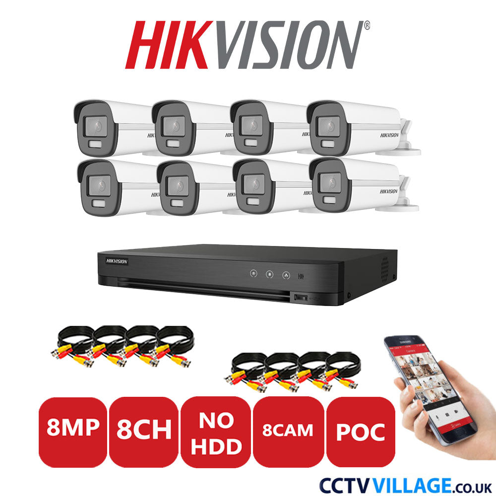 Hikvision 8MP CCTV Kit 8 Channel DVR-iDS-7208HUHI-M1/S with 8x Bullet Cameras DS-2CE12UF3T-E White No HDD Full Kit