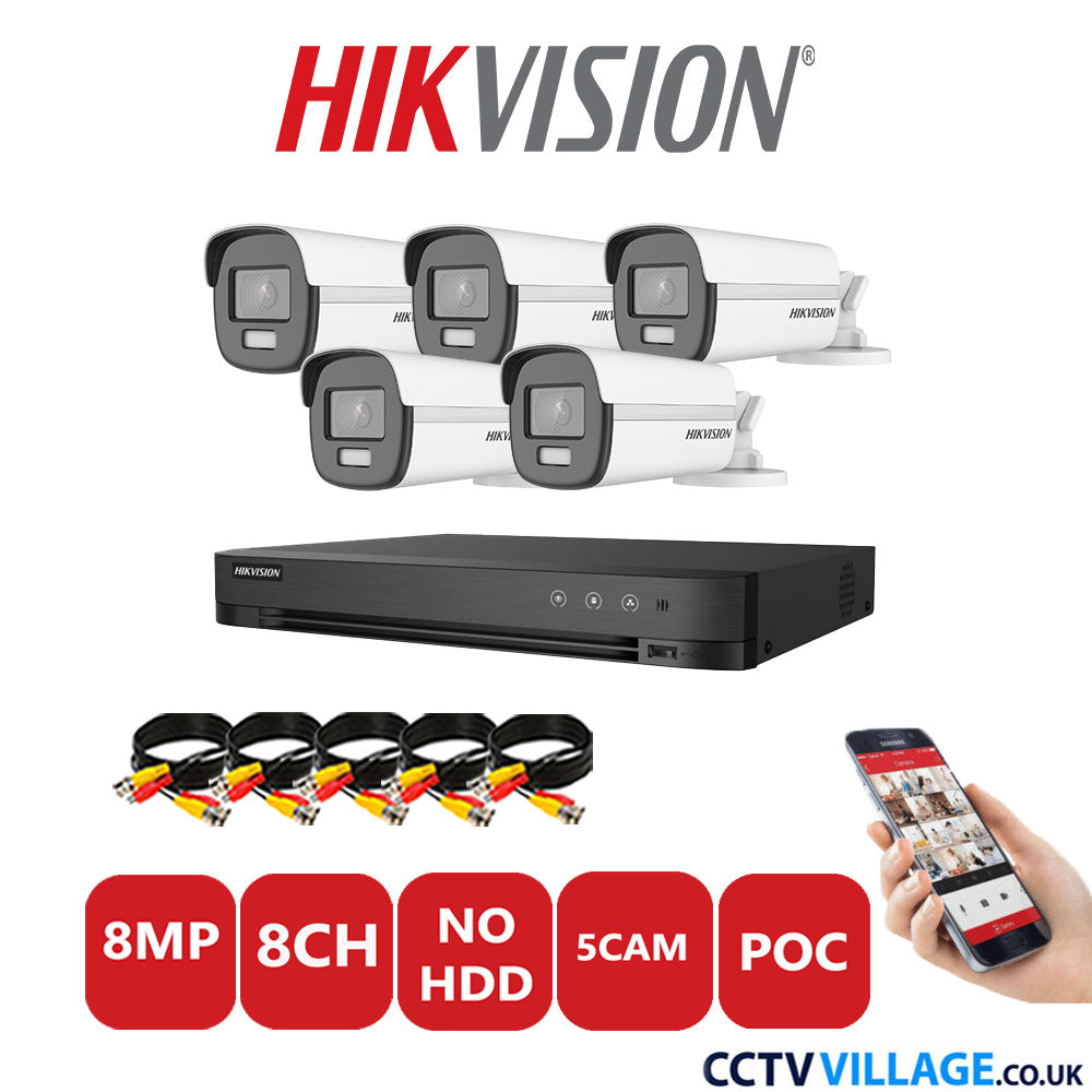 Hikvision 8MP CCTV Kit 8 Channel DVR-iDS-7208HUHI-M1/S with 5x Bullet Cameras DS-2CE12UF3T-E White No HDD Full Kit