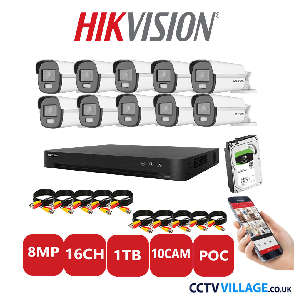 Hikvision 8MP CCTV Kit 16 Channel DVR-iDS-7216HUHI-M2/S with 10x Bullet Cameras DS-2CE12UF3T-E White 1TB HDD Full Kit