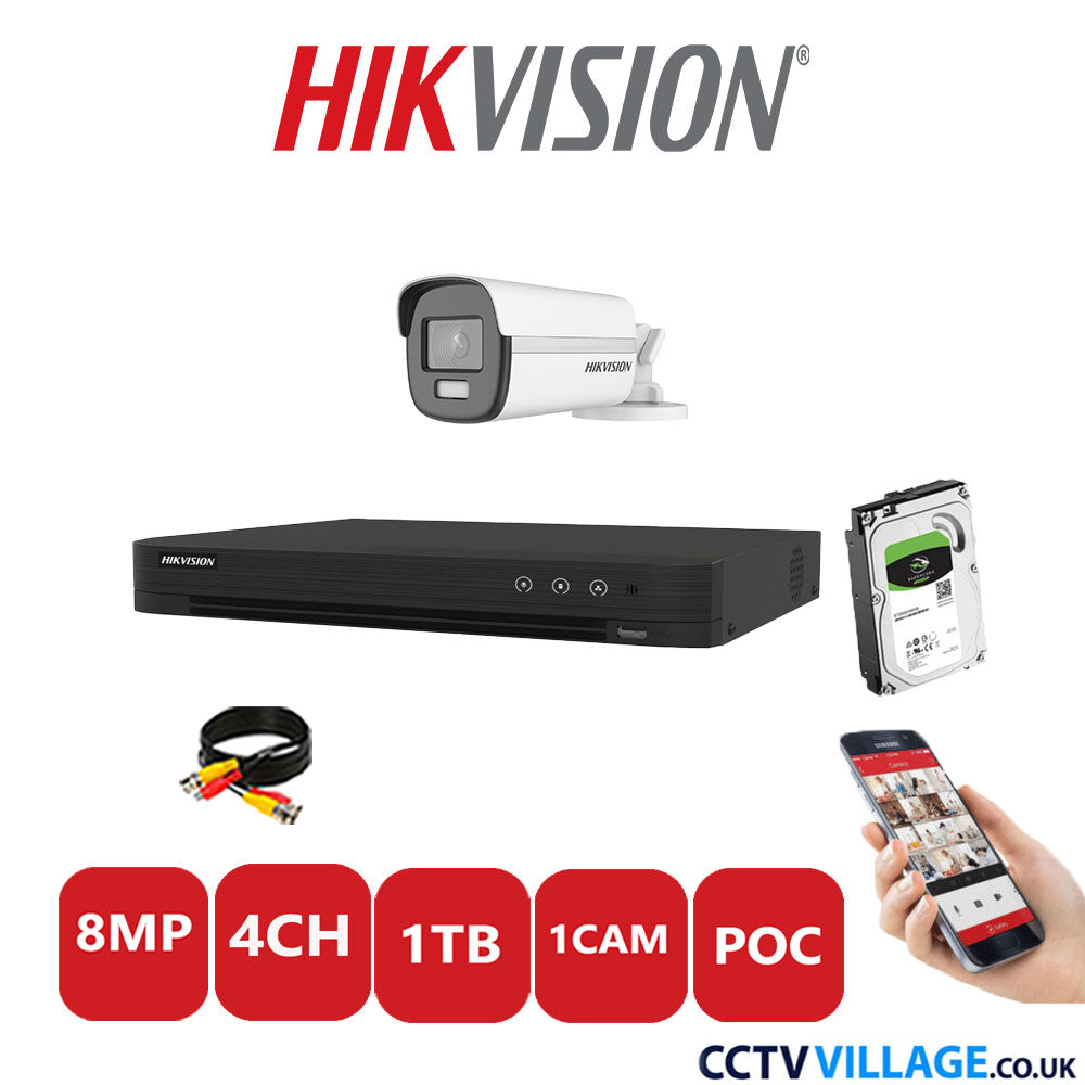 Hikvision 8MP CCTV Kit 4 Channel DVR-iDS-7204HUHI-M1/S with 1x Bullet Camera DS-2CE12UF3T-E White 1TB HDD Full Kit